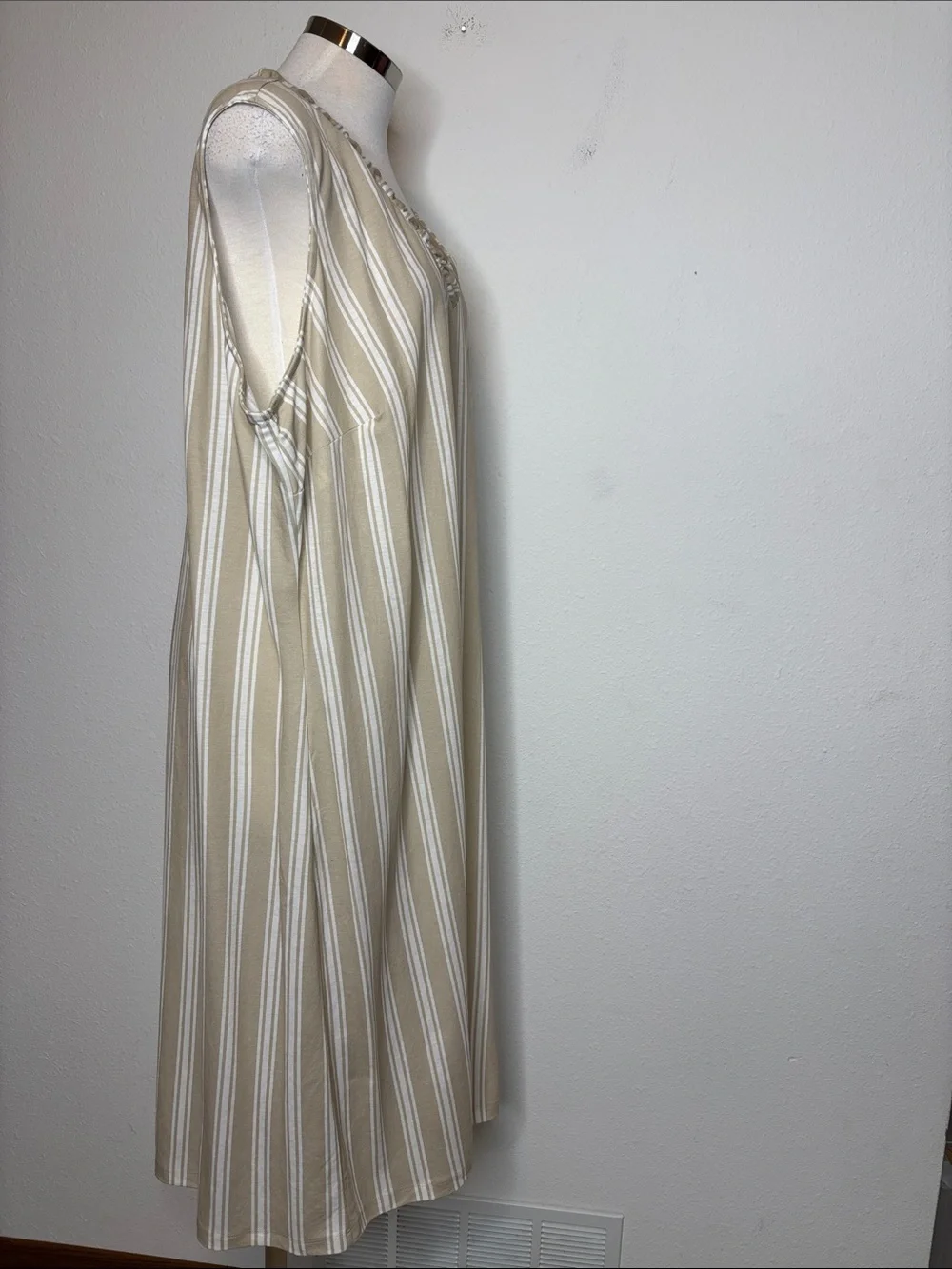 Belle by Kim Gravel Beach Beige and White Striped V-Neck Midi Dress
